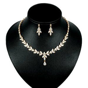 Gold Wedding Bridal Earrings Necklace Set Cubic Zirconia Grade 3A CZ Crystal